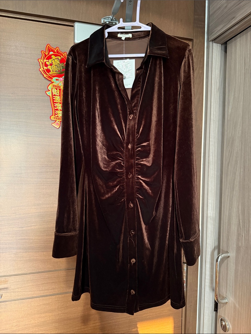 NIA Long Sleeve Button-Front Dress in Dark Brown